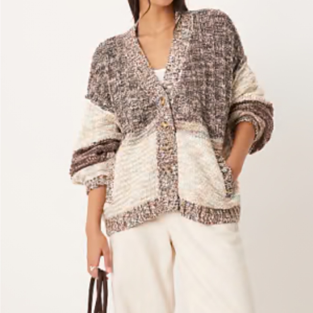 Free People Isabella Cardi V Neck Moonbeam Combo Ivory Tan Brown Size S NWT